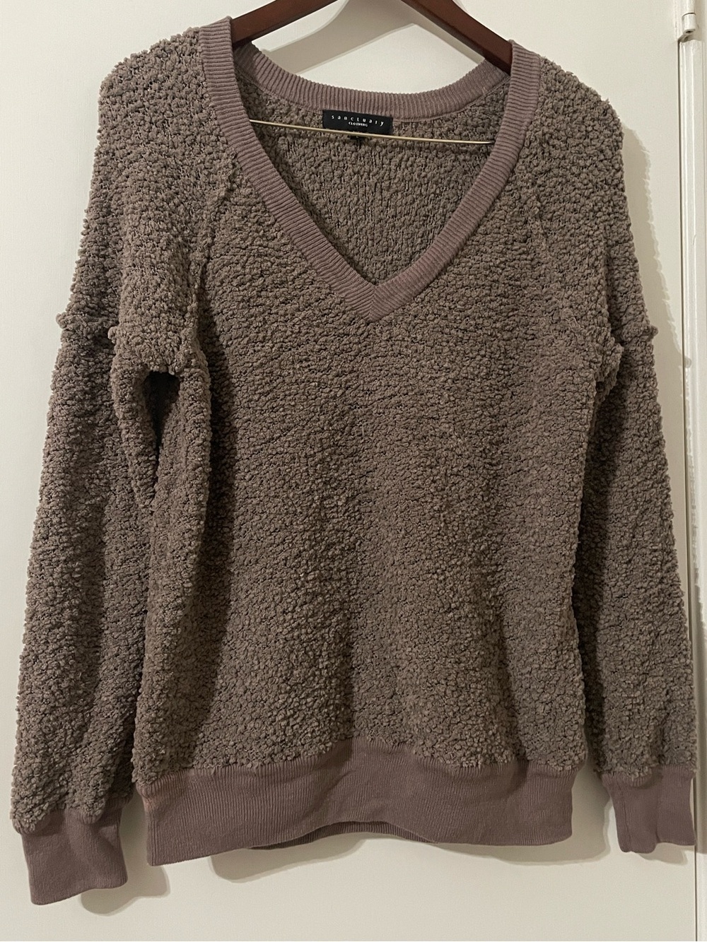 Sanctuary Clothing Teddy Sherpa V-Neck Sweater - Taupe / Mauve - Large